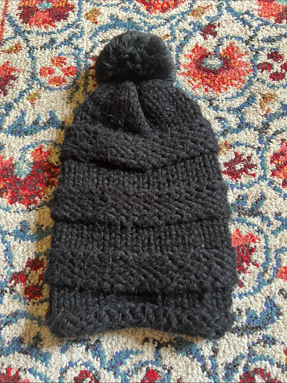 Free People Black Chunky Knit Pom Beanie